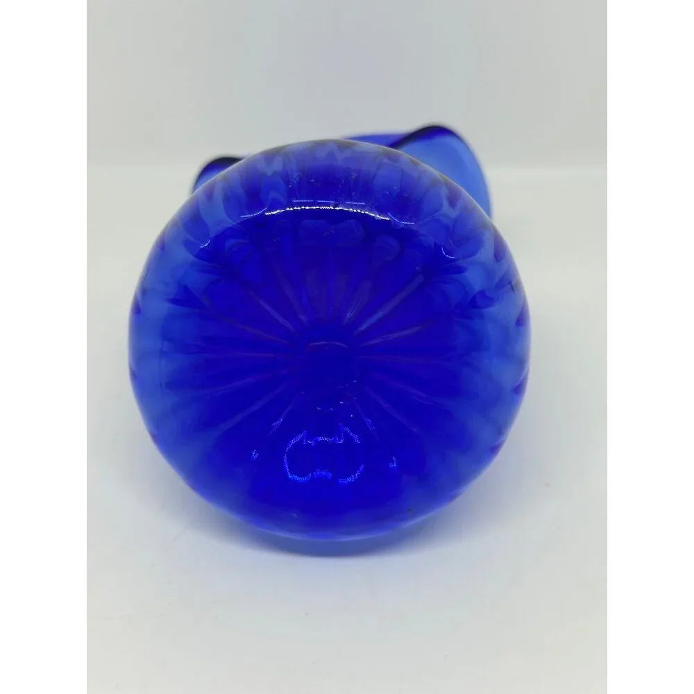 VTG‎ MCM Sapphire Jack-in-the-Pulpit Hand Blown Ribbed Glass Vase 7